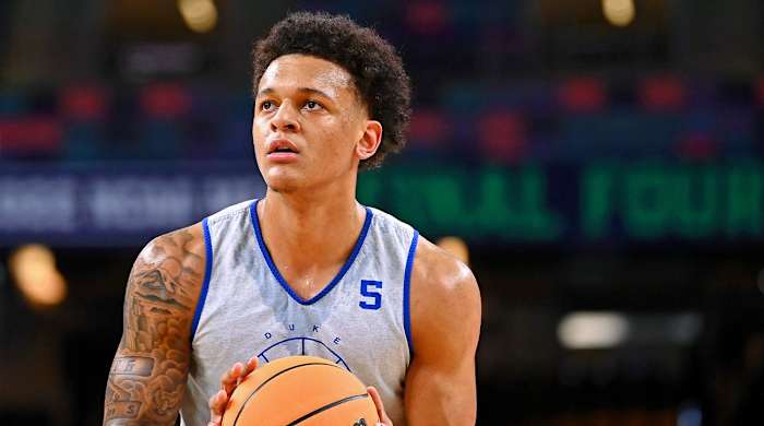 Apr 1, 2022; New Orleans, LA, USA; Duke Blue Devils forward Paolo Banchero (5) shoots the ball during a practice session before the 2022 NCAA men’s basketball tournament Final Four semifinals at Caesars Superdome.